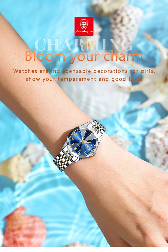 POEDAGAR Fashion Ladies Watch Waterproof Luminous Date Week Watch for Woman High Quality Stainless Steel Women's Quartz Watches