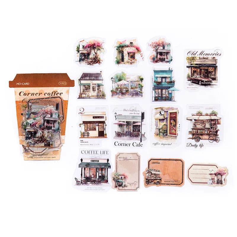 30-Sheet Vintage Coffee Theme Sticker Pack, Retro Coffee Culture Designs & Crisp Details, Perfect for Journal Embellishment