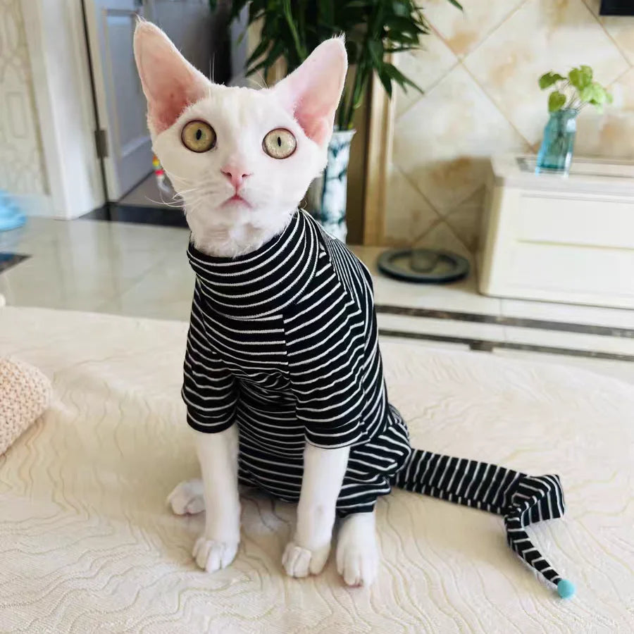 Four Legged Striped Shirt Hat Tail Cover Suit for Sphynx Cat Spring Black Sweatshirt for Kittens Hairless Warm Autumn Costumes