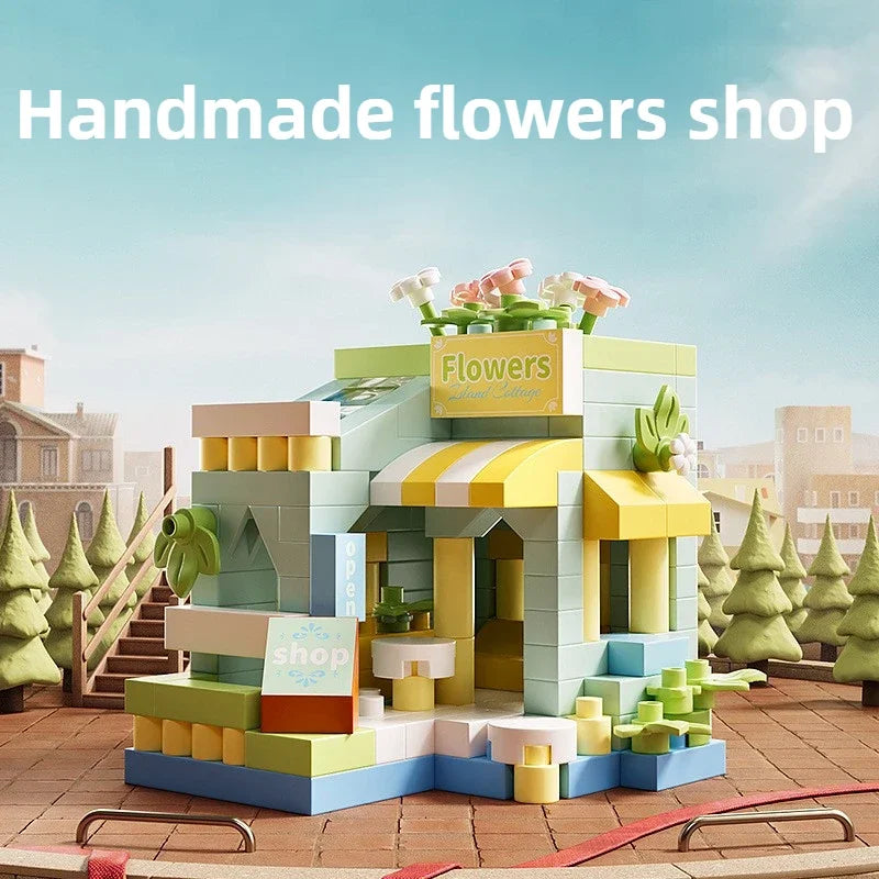 Coffee Ice Cream Flower Shop Store Street View Food House Building Blocks Kit Girls Bricks Model Kids Toy Mini Assembly Bricks