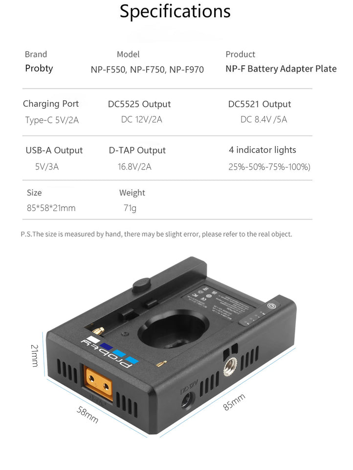 NP-F Battery Charger Battery Adapter Plate with DC12V DC8V USB-A Output Cold Shoe Adapter 1/4 Inch Screw Hole