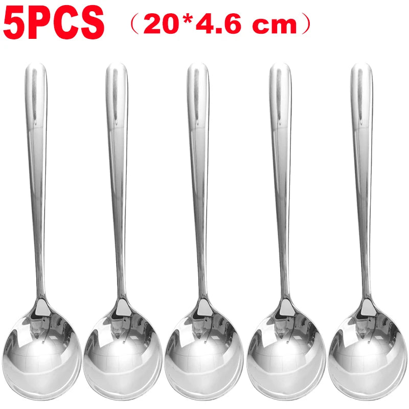 1/5PCS Round Head Soup Spoon Stainless Steel Long Handle Stirring Spoon Portable Dessert Coffee Scoop Home Kitchen Tableware