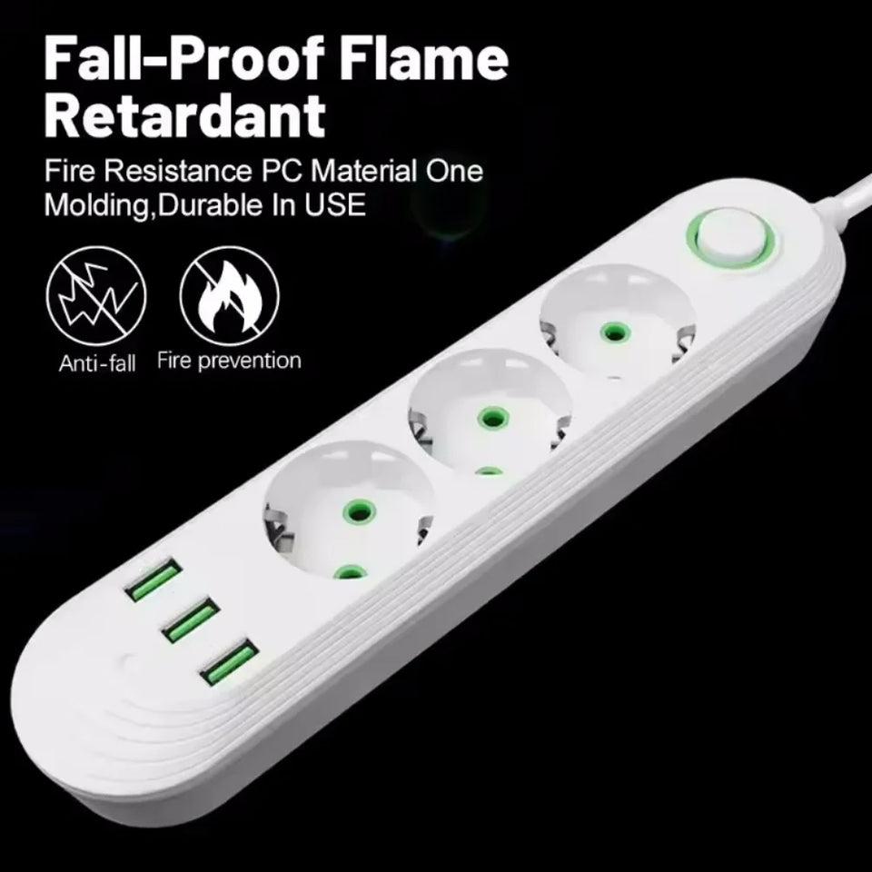 2500W Power Strip with 3USB Ports EU Plug Socket 2m Extension Cable Fast Charging Round Pin AC Outlet Electrical Charger Adapter
