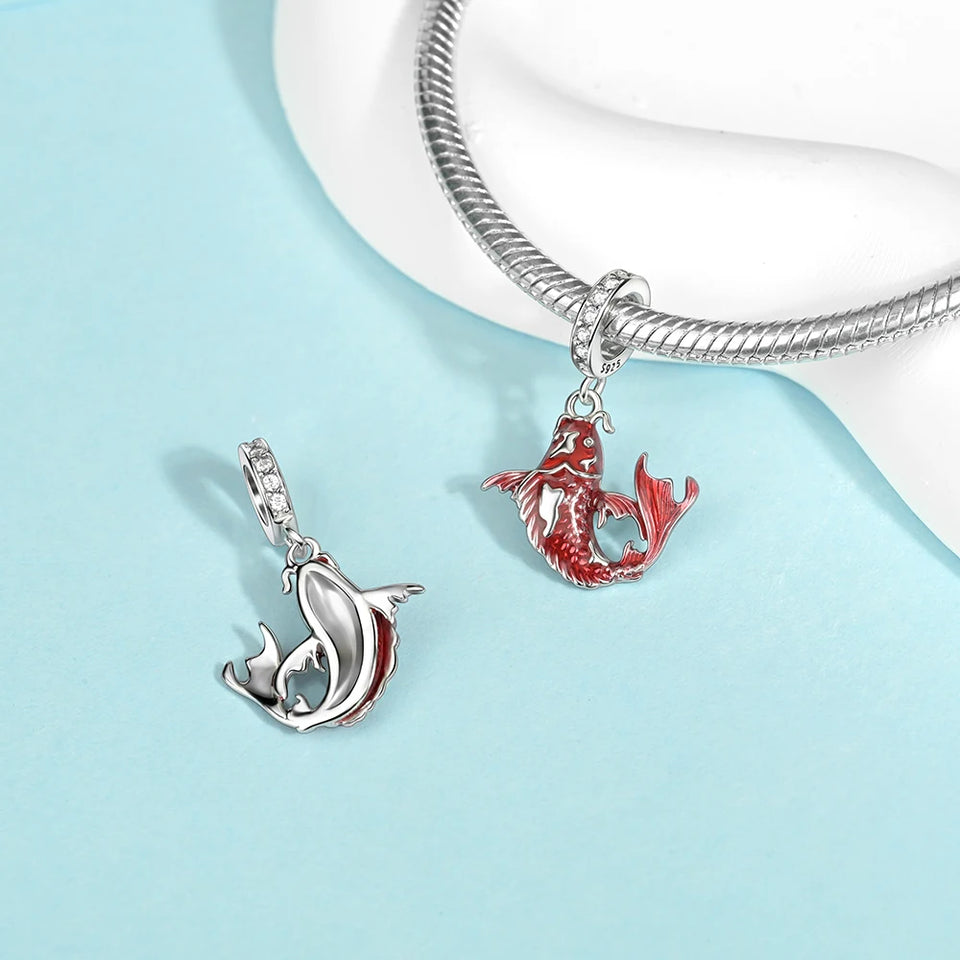 Red Series 925 Sterling Silver Koi Firecracker Dragon Heart Mushroom Coffee Machine Charm Fit DIY Bracelet Necklace Niche Gifts