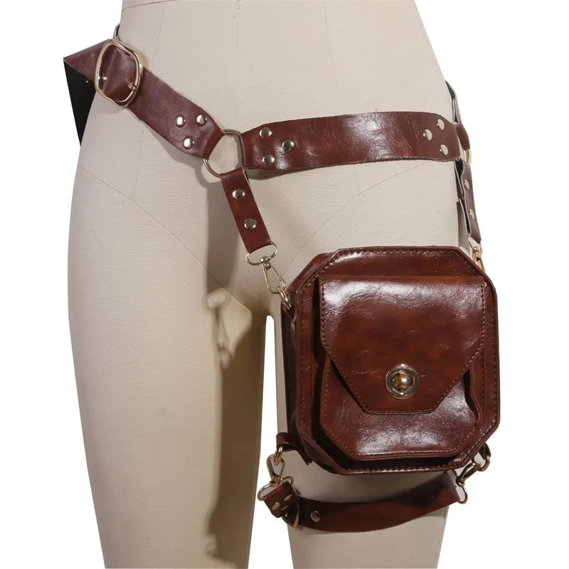 Punk Retro PU Waist Bag Casual Small Square Hip Packs For women's Crossbody Cross Multi-function Outdoor Leg Phone Pouch NEW