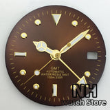 28.8mm Brown Coffee Dial With Gold Edge Time Marks Green Luminous For NH34 NH35 Movement Date Window