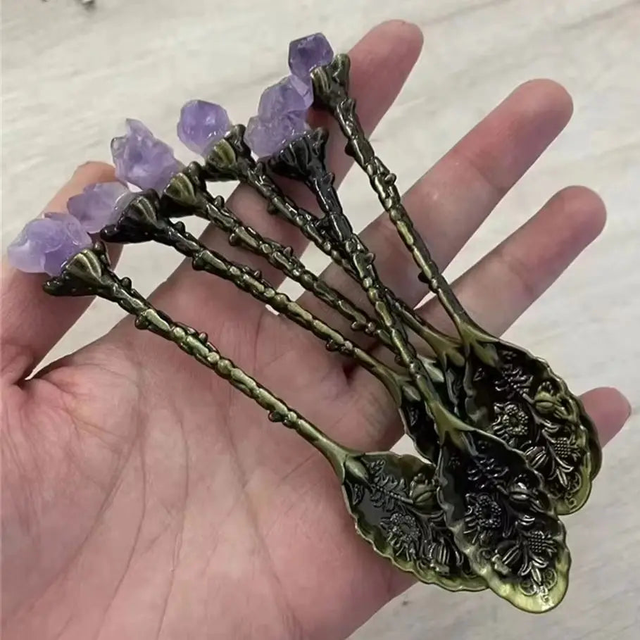 Natural Purple Amethyst Metal Spoons  Coffee Spoon Dessert Copper Spoon Long Handle Vintage Ice Cream Mixing Spoon