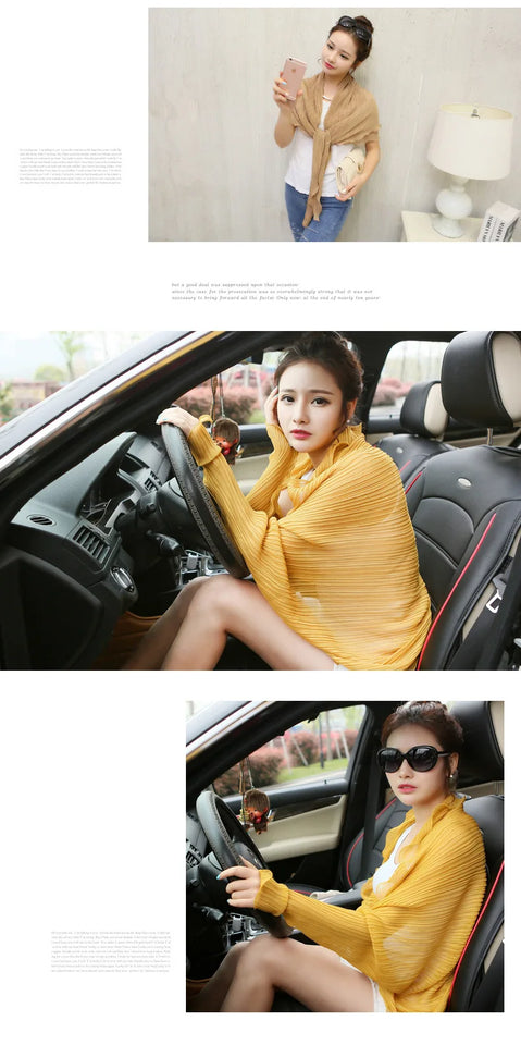 Summer Multi-functional Sunscreen Shawl Women's Long-sleeved Loose Light Breathable Anti-UV Pleated Chiffon Scarf Driving Sleeve