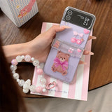 Korean Cute Bear Hinge Phone Case For Samsung Galaxy Z Flip 6 5 4 3 Z Flip5 Flip4 5G Cover with Chain Strap Clear Kawaii Funda