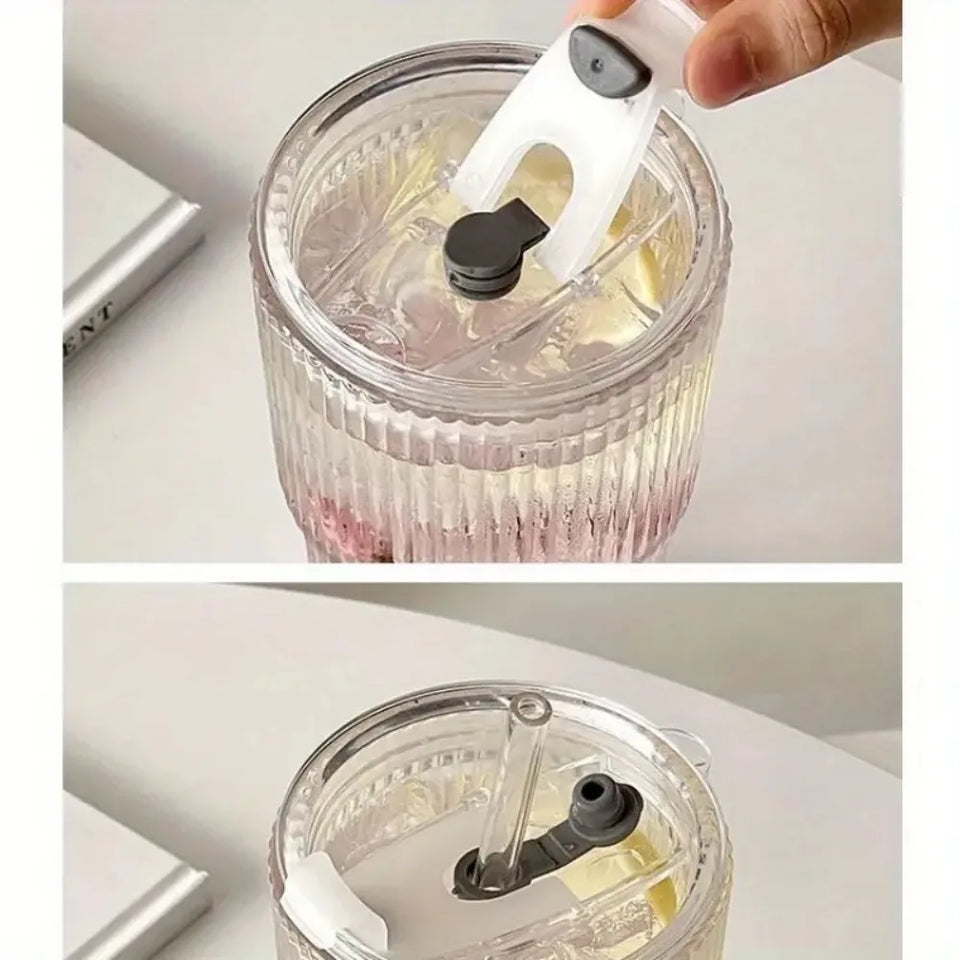 400/600ML Stripe Glass Coffee Cup With Lid and Without Cover Straw Transparent Drinking Glasses for Juice Iced Coffee Mugs