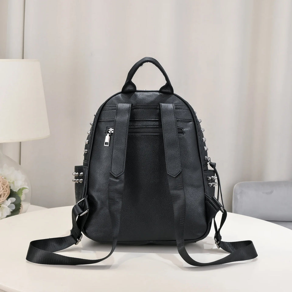 Jierotyx Goth Skull Embossed Backpack for Women Halloween Studded Decor Daypack Punk Style PU Leather Bag Fashion Rivet Travel