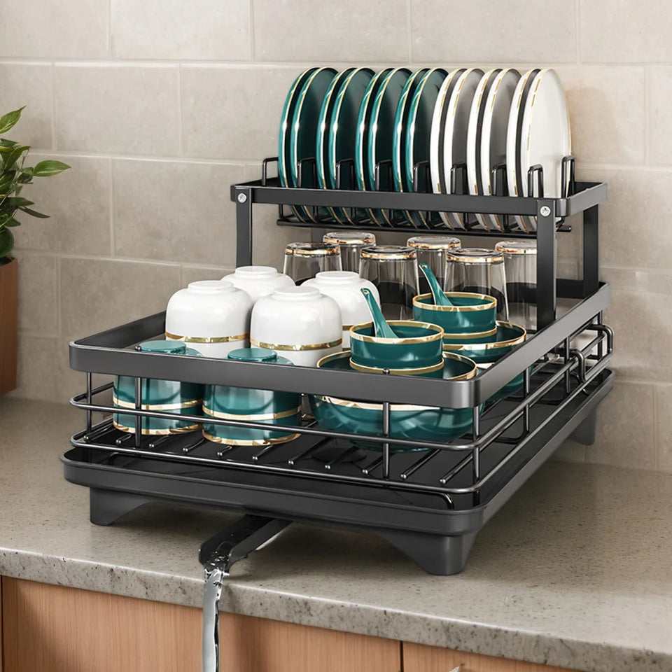 2026 Upgraded New Model - 1.5-Layer Carbon Steel Dish Rack, with Drain Tray, Commercial-Grade Tableware Storage Rack – Large Capacity, Rust-Proof, Includes Cutlery Rack and Cutting Board Rack, Suitable for Families of 4-6 P
