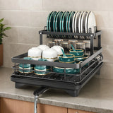 2026 Upgraded New Model - 1.5-Layer Carbon Steel Dish Rack, with Drain Tray, Commercial-Grade Tableware Storage Rack – Large Capacity, Rust-Proof, Includes Cutlery Rack and Cutting Board Rack, Suitable for Families of 4-6 P