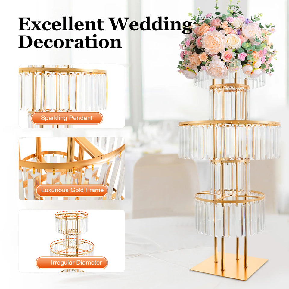5 Tiers Gold/Silver Wedding Centerpieces Flower Stand Vase Centerpiece Acrylic Flower Stand with Hanging Acrylic