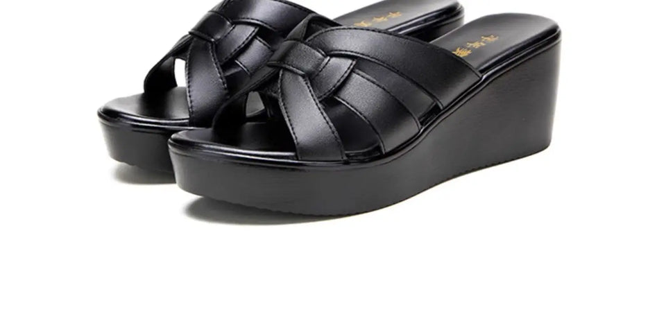 High quality summer leather wedge sandals for women 6cm mid heel new 2025 size 32 33 42 43 platform open toe elegant shoe black