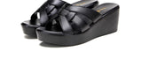 High quality summer leather wedge sandals for women 6cm mid heel new 2025 size 32 33 42 43 platform open toe elegant shoe black