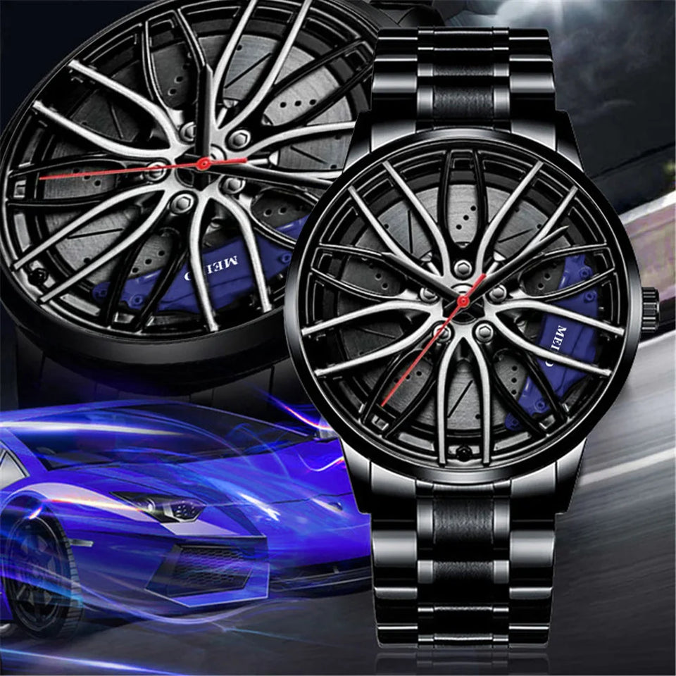 New Top Men Stainless Steel Watches Mens Car Wheel Hub Leather Quartz Watch For Male Military Sport Watch Relogio Masculino Hot