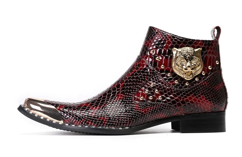 Punk Style Genuine Leather Men Ankle Boots Iron Black Slip On Men Dress Boots Italian Formal Fashion Men Chelsea Boots Pointy