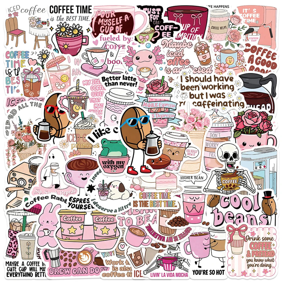 50pcs Funny Coffee Stickers Cute Cartoon Animals Decal DIY Handbook Laptop Phone Suitcase Stationery Stickers For Teens Gift