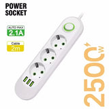 2500W Power Strip with 3USB Ports EU Plug Socket 2m Extension Cable Fast Charging Round Pin AC Outlet Electrical Charger Adapter