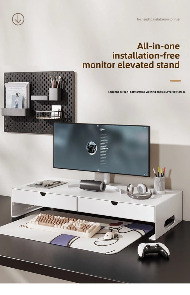 Carbon Steel Monitor Stand with Drawer Desktop Riser Shelf for Computer Office Desk Organizer Ergonomic Workspace Solution