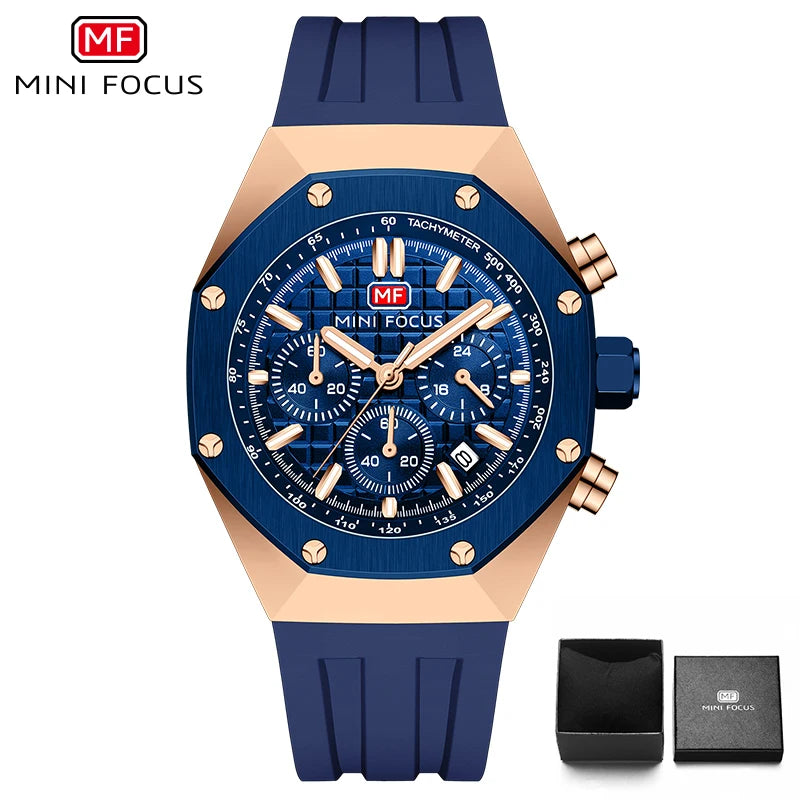 MINI FOCUS Watches Men Blue Silicone Strap Sport Watch Waterproof Luminous Chronograph Quartz Wristwatch часы мужские reloj 0417