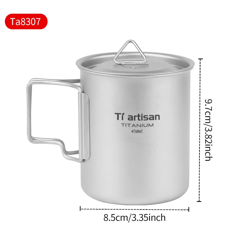 Tiartisan 350ml 750ml Tatinium Cup Hiking Tableware Fodable Handle Coffee Cups with lids Lightweight Frosted Cup Mugs