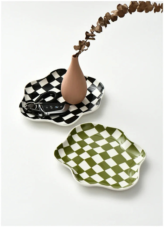 Ceramic Tray Checkerboard Jewelry Storage Plate Ring Earing Dessert Plate Home Decoration Retro Desk Organizer Kitchen Tableware