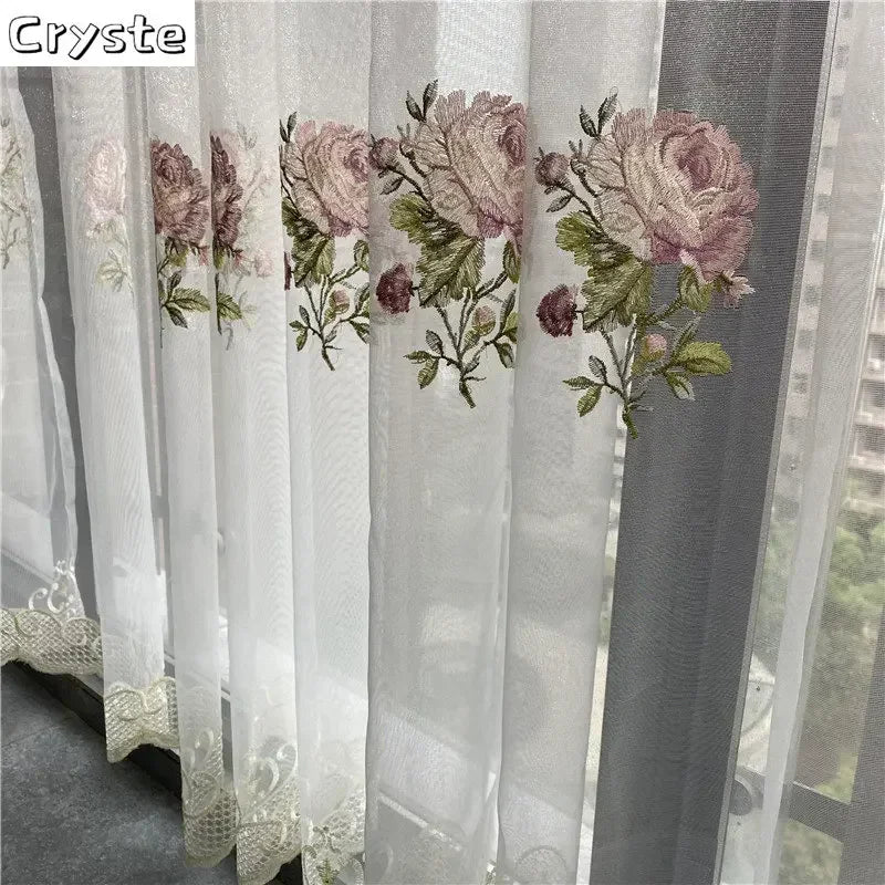 New Arrivals Peony Embroidery Tulle Curtain for Living Room European Elegant Flower Embroidery Sheer Voile Drapes for Bedroom