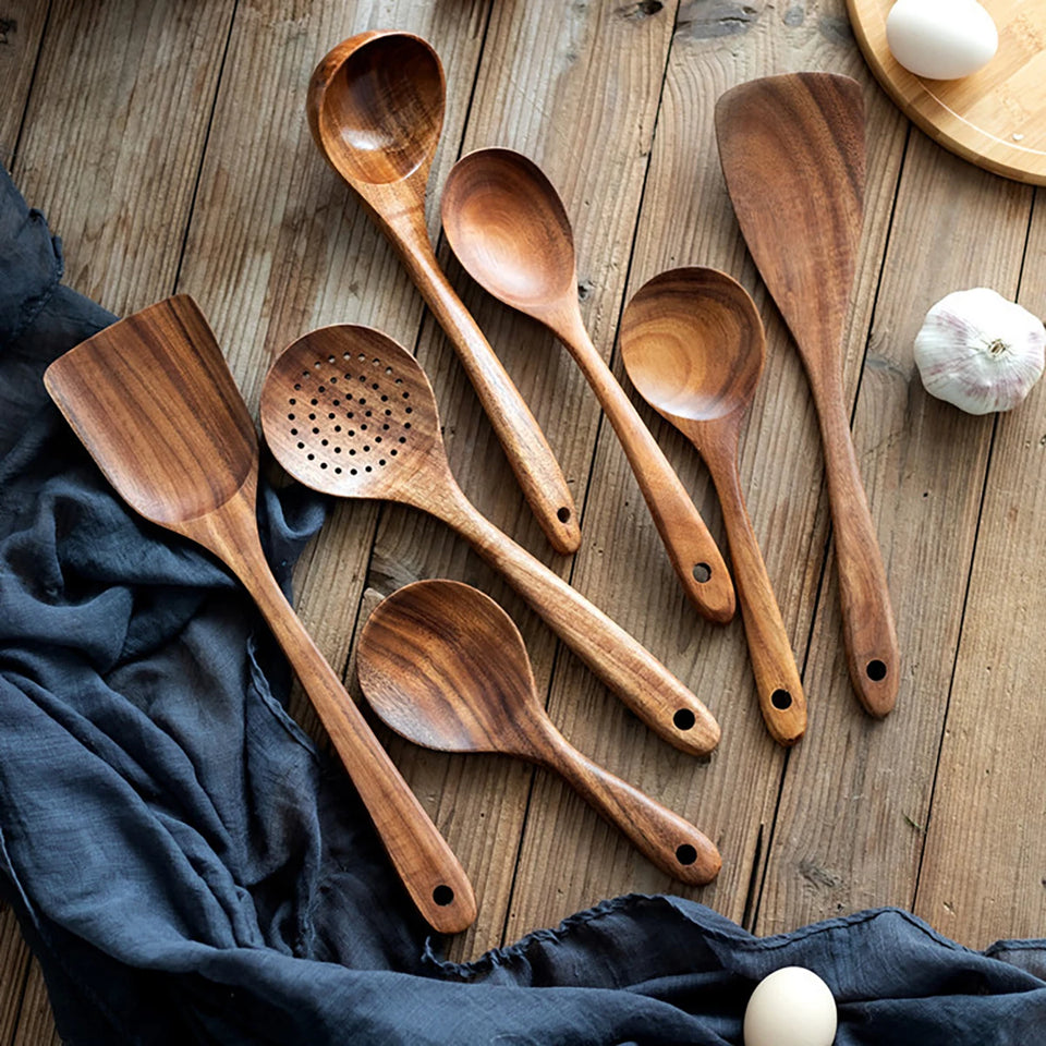 Wood Kitchenware Cooking Set Household Spatula Spoon Set Salad Spoon Fork Stirring Spoon Kitchen Baking Set With storage bucket