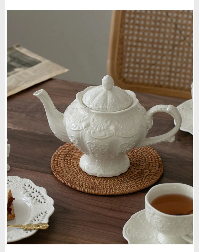Ceramic European Style Tea Set French Relief Butterfly Flower Palace Pot Black Tea Cup Afternoon Tea Coffee Cup and Plate