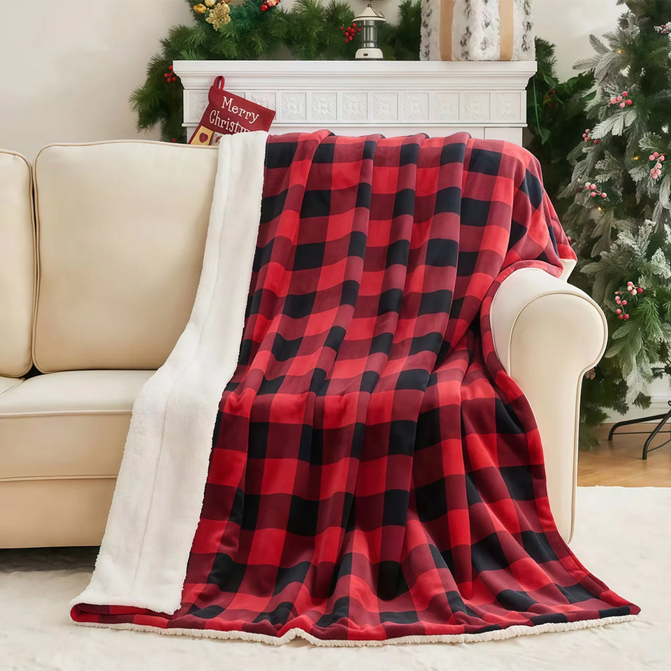 1pc Cozy Sherpa Luxury Shearling-Style Buffalo Plaid Throw Blanket - Ultra-Soft Reversible Faux Fur Fleece, Black & Red Tartan