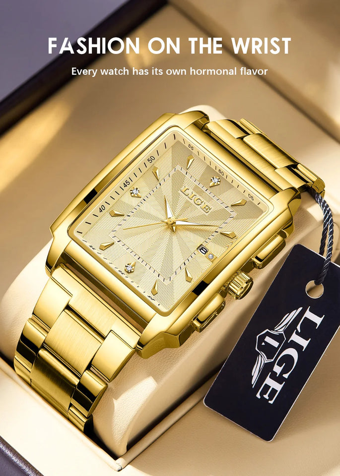 LIGE Fashion Business Watch Men Square Sport Waterproof Watches For Men Top Brand Luxury Military Quartz Chronograph Wristwatch