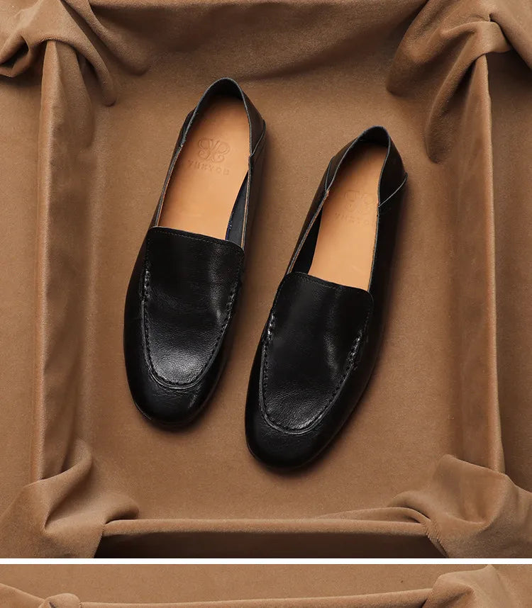 SHOEBOX Retro flat woman loafers new fashion style for spring and autumn 2025, shallow-mouth round-toe genuine leather shoes
