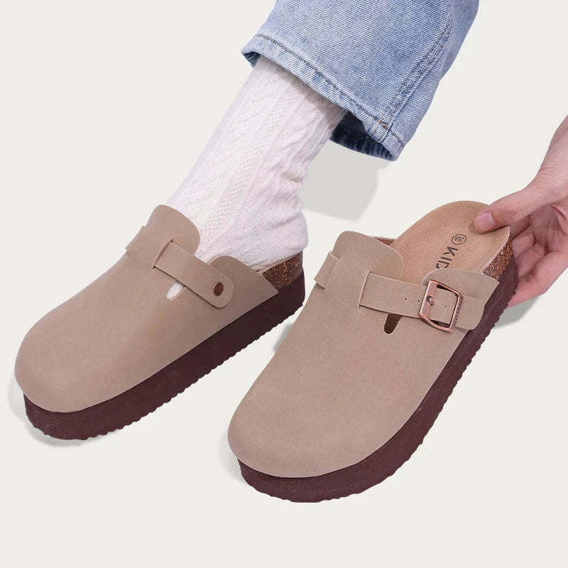 Gacimy Women Fashion Thick Sole Leather Clogs Slippers Classic Women's Mules Cork Clogs Slipper Outdoor Deep Heels Shoes Sandal