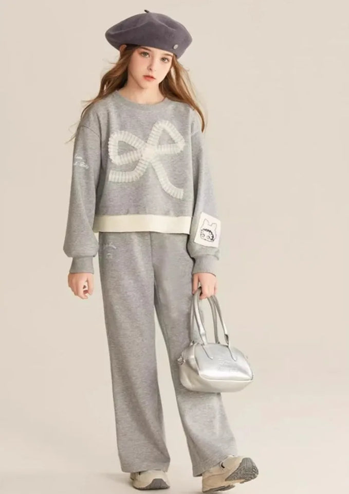 Top & Pants 2-Piece Set Sweatshirt Bow Korean Children's Clothing 2025 Autumn Winter Suits Clothes for Girls From 7 To 8 Years