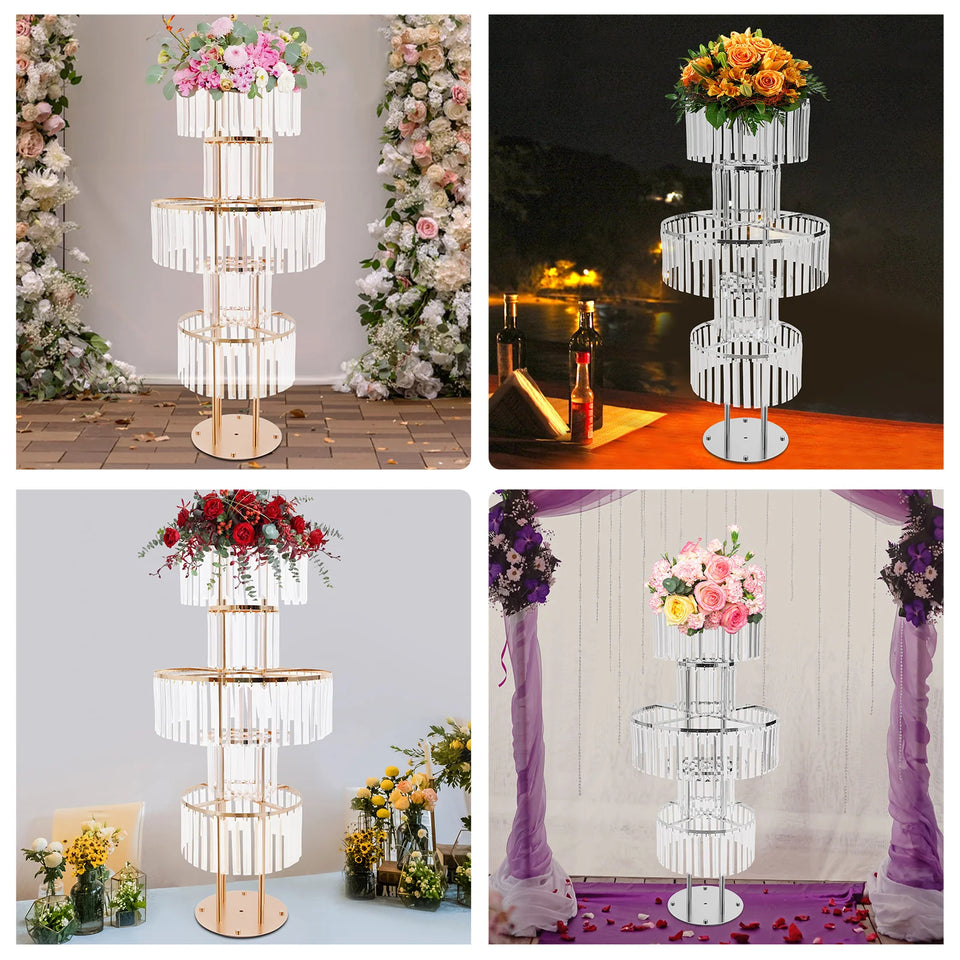 5 Tiers Gold/Silver Wedding Centerpieces Flower Stand Vase Centerpiece Acrylic Flower Stand with Hanging Acrylic