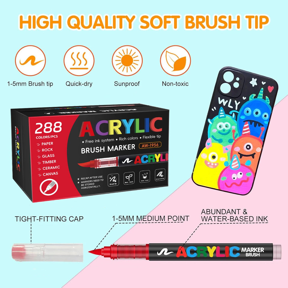 366 Colours Acrylic Markers Flexible Brush Tip Acrylic Paint Marker for Painting Stone Fabric Glass Ceramic Canvas Paper Wood
