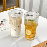 Large Capacity  Stripe Glass Coffee Cup With Lid Cover Straw Transparent Drinking Glasses For Juice Iced Coffee Mugs Drinkware