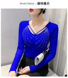 Autumn New Women Mesh Tops Fashion Hollow Out V-Neck Long-Sleeved T-Shirt Classic Shiny Diamonds Bottoming Shirt Elasticity Tees