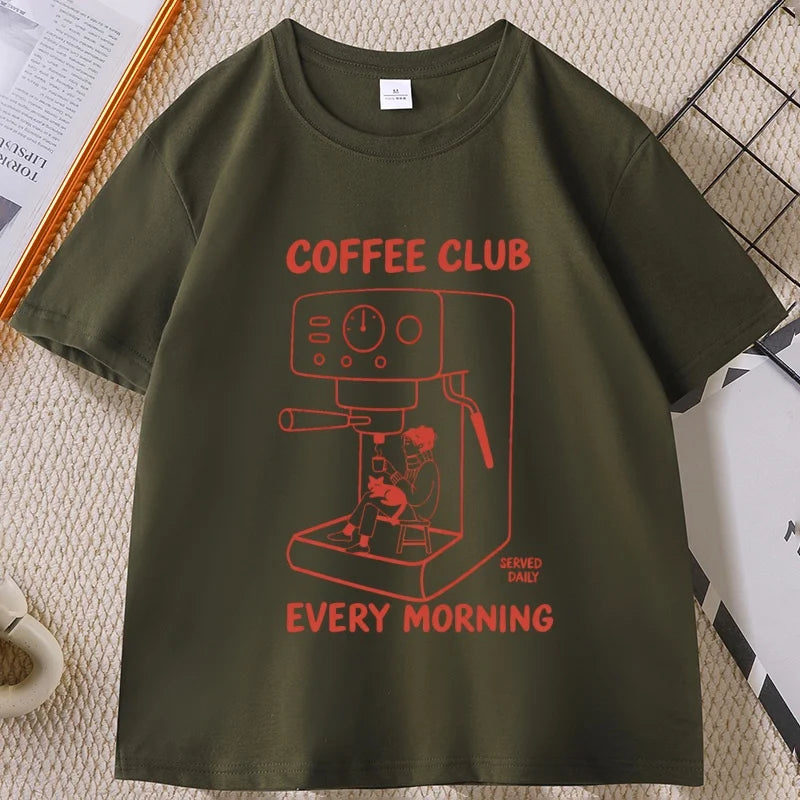 Coffee Club Every Morning Graphic T Shirt Espresso Machine Cozy Coffee Lover Tee Shirt Casual Cotton Short Sleeve Streetwear