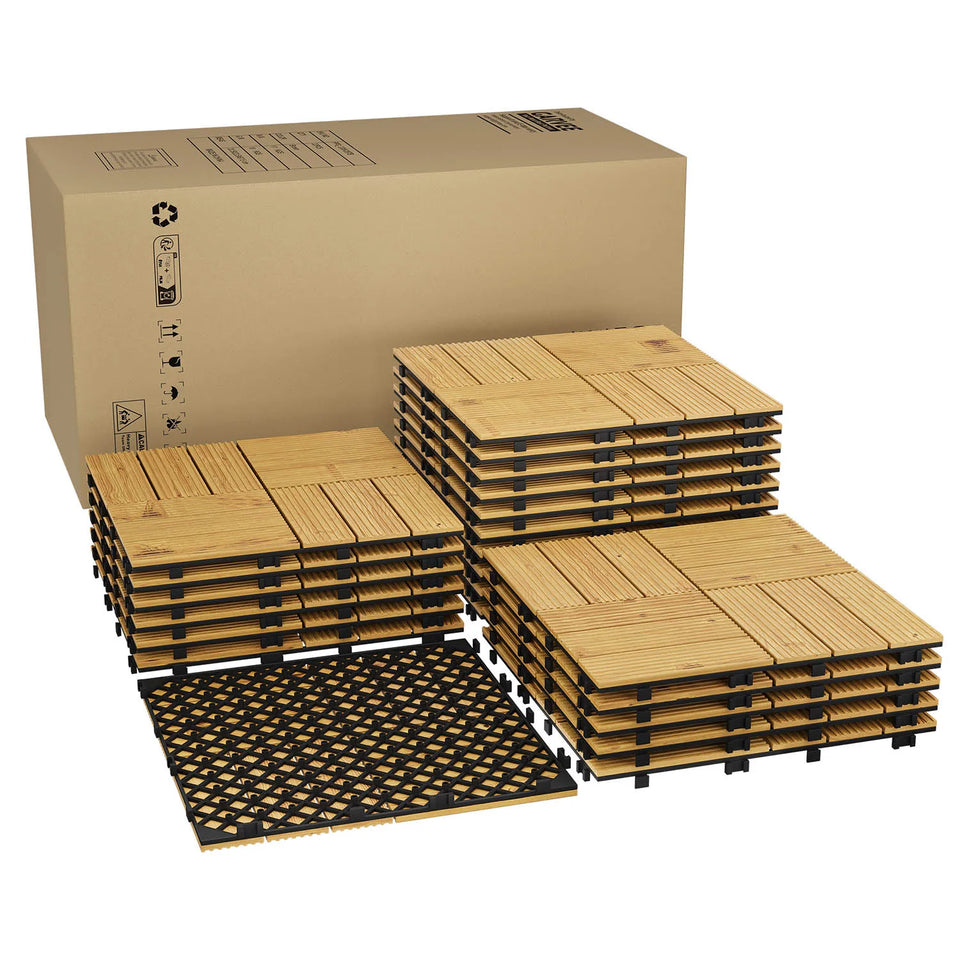 Acacia Wood Connected Deck Tiles for Patio & Outdoor Decor, 12"x12" Firm Weatherproof Non-Slip Wooden Flooring, 22/33 Panels