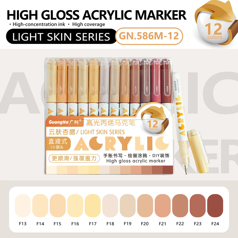 GuangNa 12 Colors/box Direct Liquid Hardhead High-gloss Acrylic Marker, for Student Notebook Writing, DIY Painting Graffiti