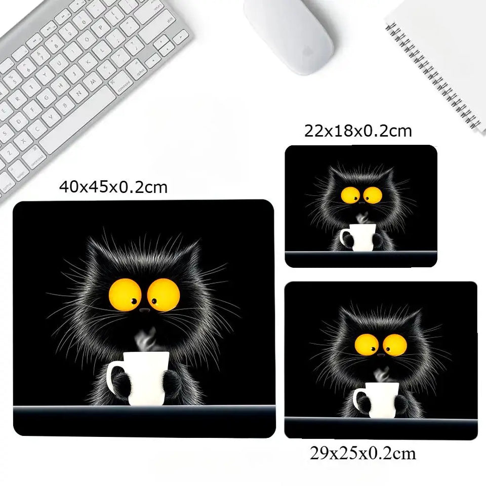 Kawaii Coffee Cat Mouse Pad Black Square Gaming Accessory Rubber Deskmats HD Non-Slip Computer Keyboard Mat New Laptop Mousepad