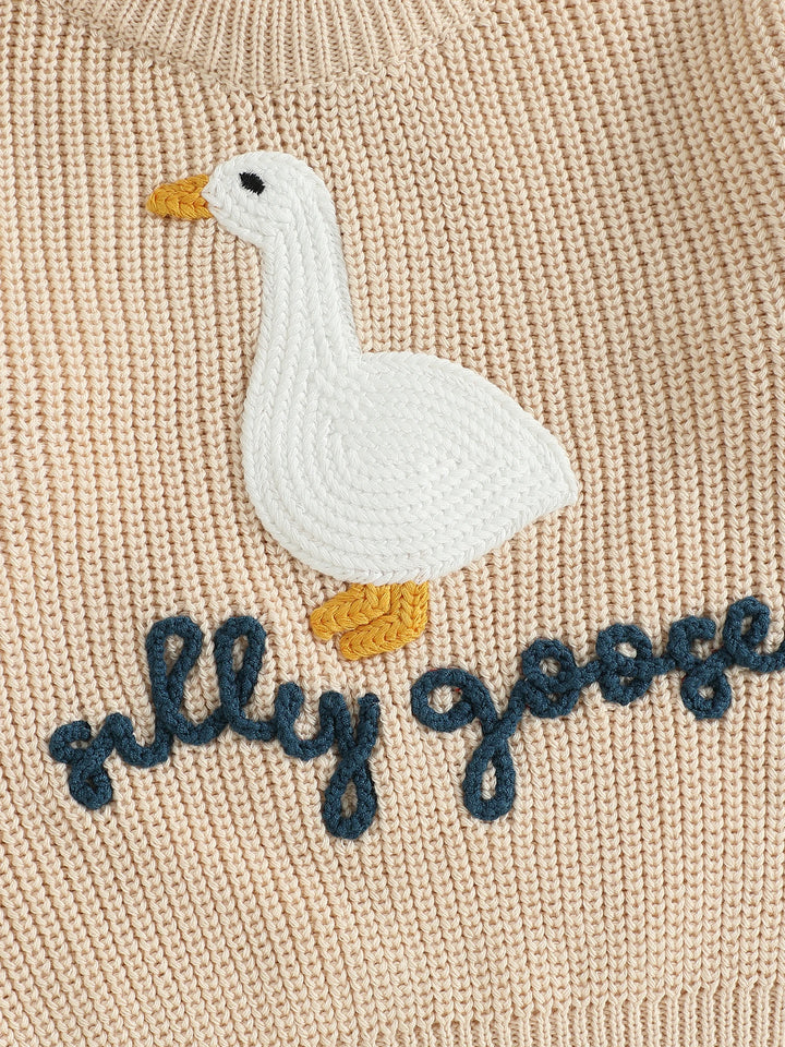 0-3T Toddler Baby Boy Girl Knit Sweater Silly Goose Embroidery Long Sleeve Knitted Sweatshirt Warm Fall Winter Clothes