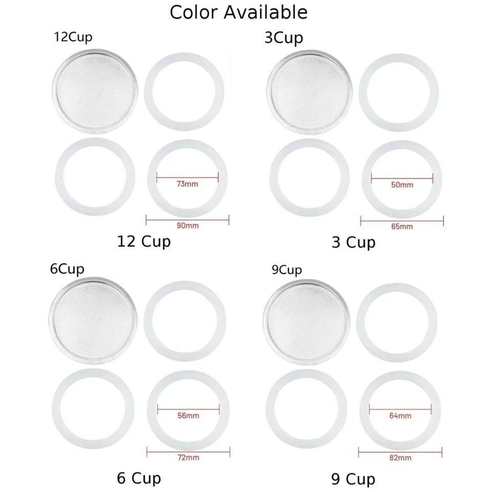 1 Set, 3pcs Silicone Gaskets and 1pc Aluminum Filter Moka Pot Coffee Bottle Replacement Compatible with 3/6/9/12 Cup Moka Expres