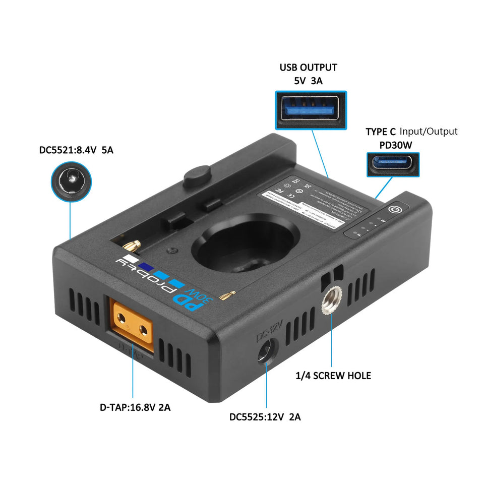 PD30W NP-F Battery Charger Battery Adapter Plate Cold Shoe Adapter 1/4in for NP-F550 F750 F970 for BMPCC 4K 6K DSLR ILDC