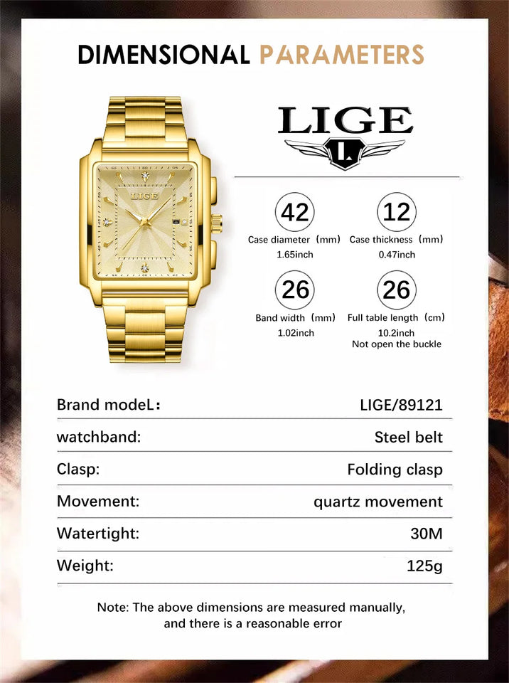 LIGE Fashion Business Watch Men Square Sport Waterproof Watches For Men Top Brand Luxury Military Quartz Chronograph Wristwatch