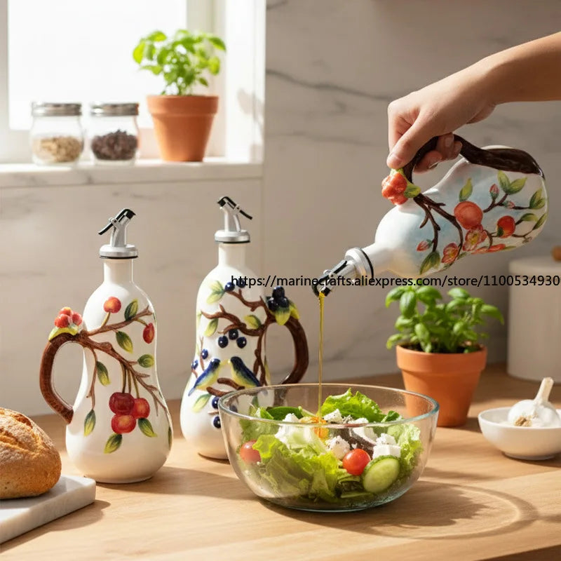 Hand-Painted Ceramic Seasoning Bottle Bird Flower Fruit Soy Sauce Vinegar Oil Bottle Coffee Table Wine Cabinet Decoration