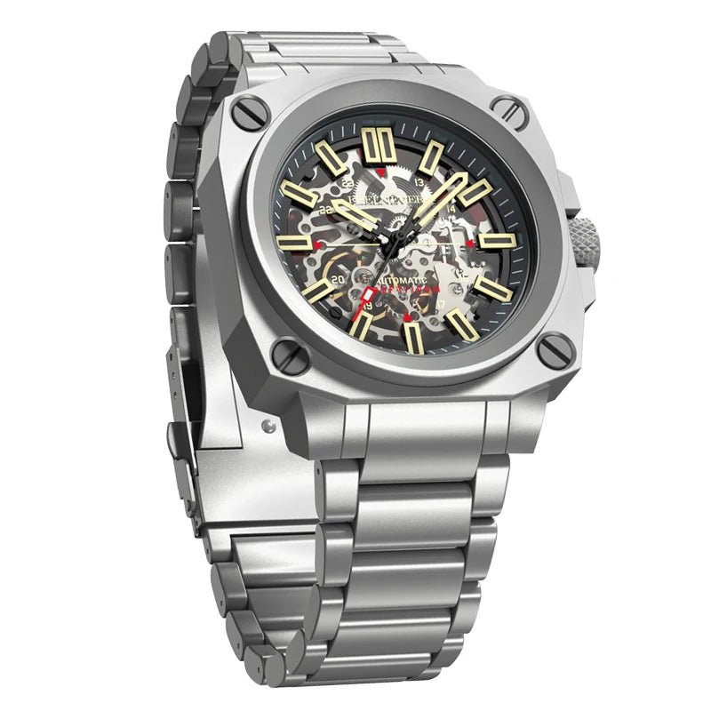 FeelNever Creative Automatic Movement Men's Watches Hollow Fashion Casual Sport Military Leather Waterproof Mechanical Watch+Box